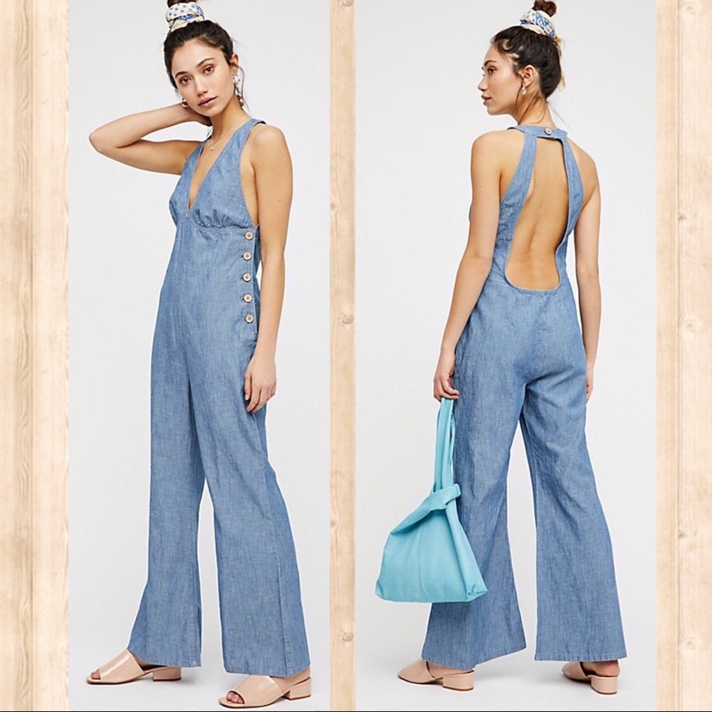 NWT Free People blue chambray backless jumpsuit